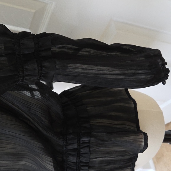 VINTAGE CHIC SPIEGEL SHEER BLACK STRIPED RUFFLE PEASANT PEPLUM BLOUSE 8 - Picture 7 of 13